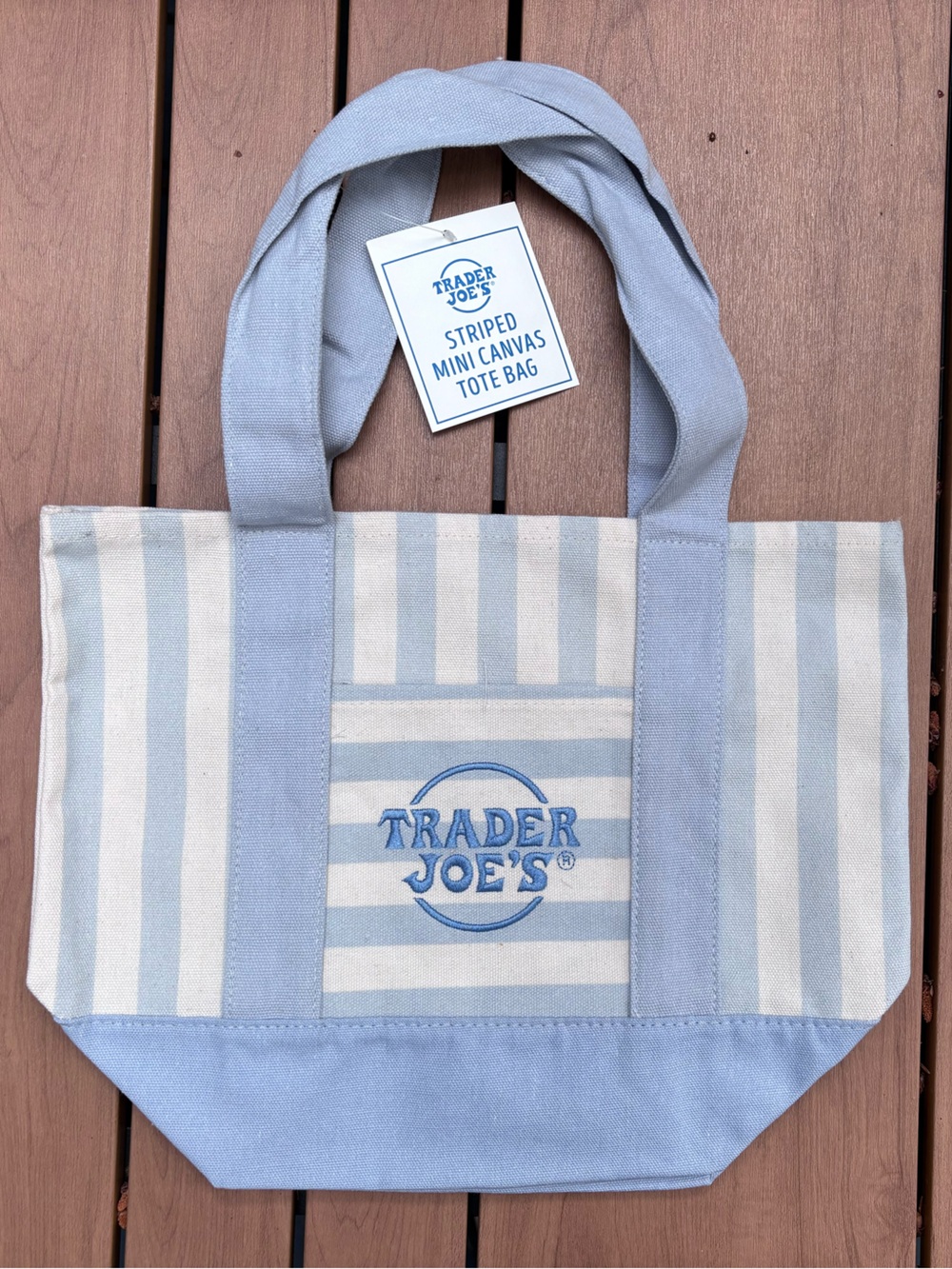 Trader Joe's Striped mini Canvas Tote in Light Blue and Cream